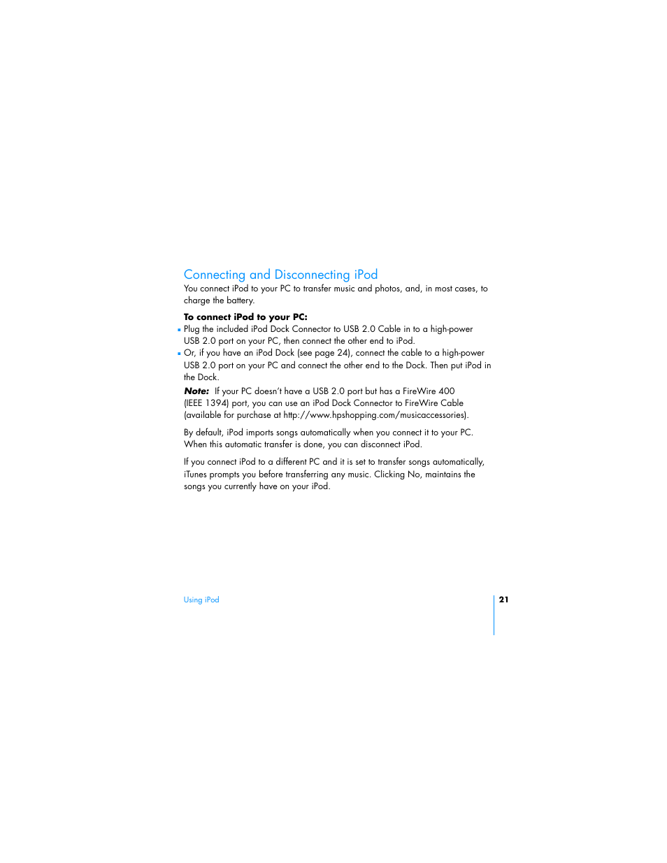 Connecting and disconnecting ipod | HP Apple iPod from HP MP7001 30GB Color Music Player User Manual | Page 21 / 84