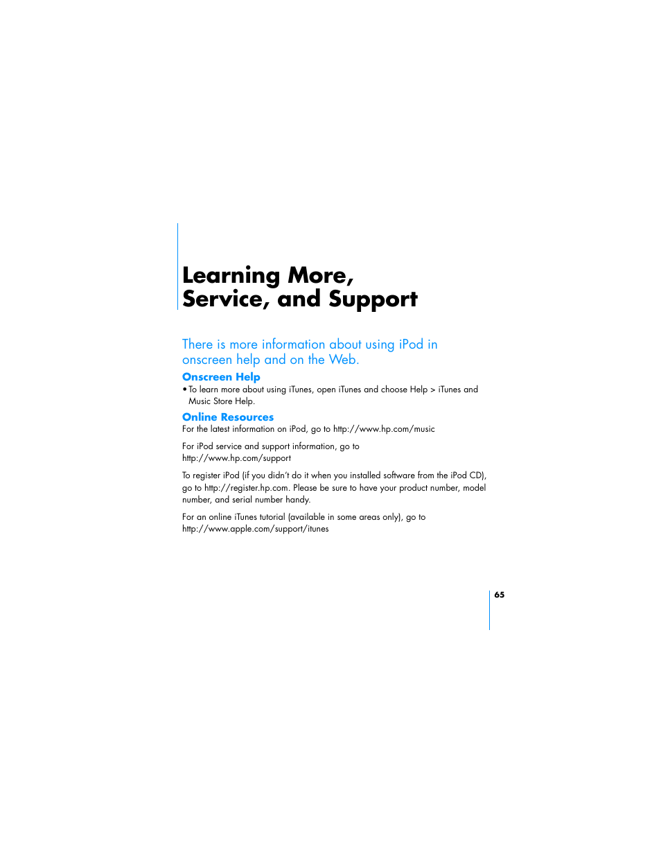 Learning more, service, and support | HP Apple iPod from HP MP7001 30GB Color Music Player User Manual | Page 65 / 84