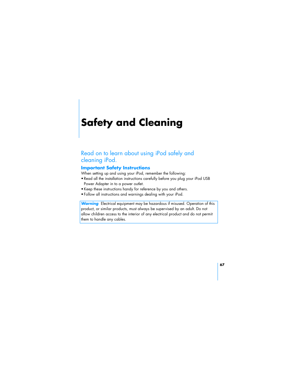 Safety and cleaning | HP Apple iPod from HP MP7001 30GB Color Music Player User Manual | Page 67 / 84