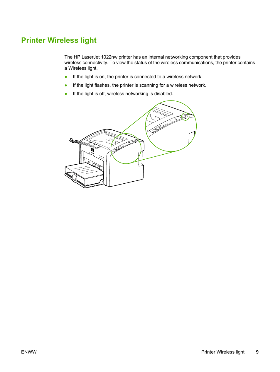 Printer wireless light | HP LaserJet 1022nw Printer User Manual | Page 15 / 58