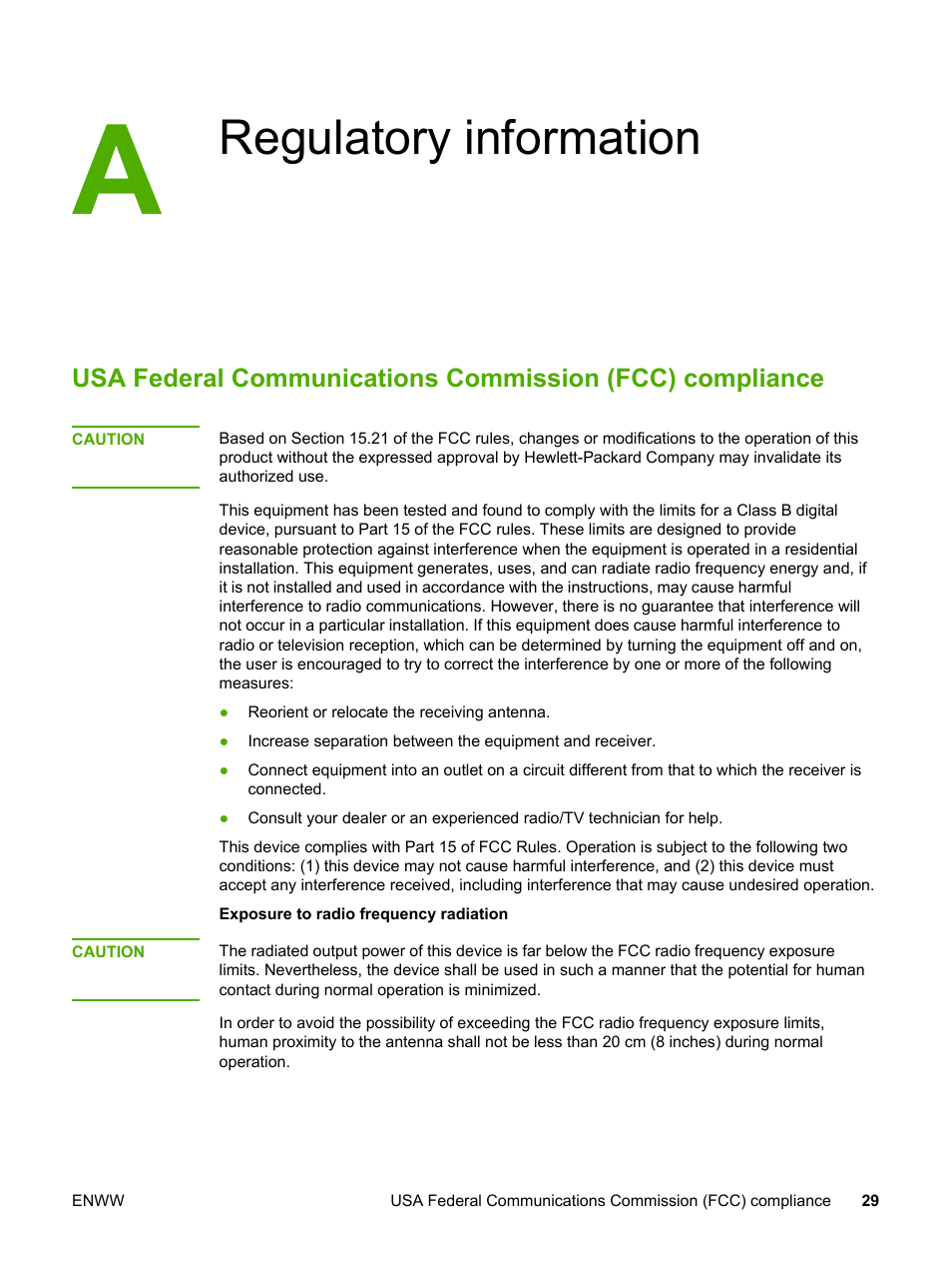 Regulatory information, Appendix a regulatory information | HP LaserJet 1022nw Printer User Manual | Page 35 / 58