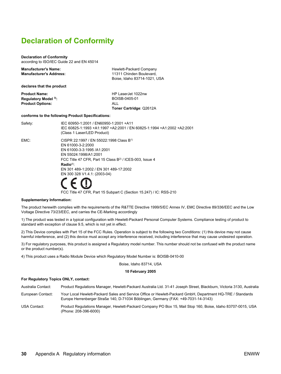 Declaration of conformity, 30 appendix a regulatory information enww | HP LaserJet 1022nw Printer User Manual | Page 36 / 58