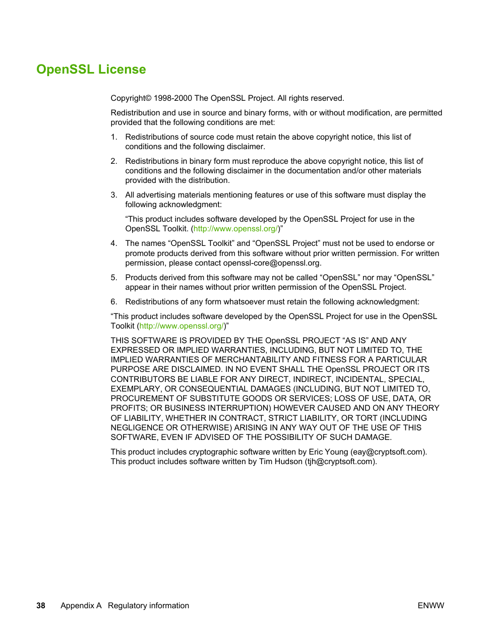 Openssl license | HP LaserJet 1022nw Printer User Manual | Page 44 / 58