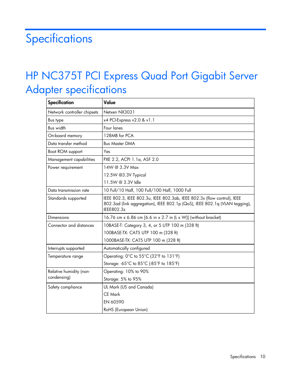 Specifications | HP NC375T PCI Express Quad Port Gigabit Server Adapter User Manual | Page 10 / 19