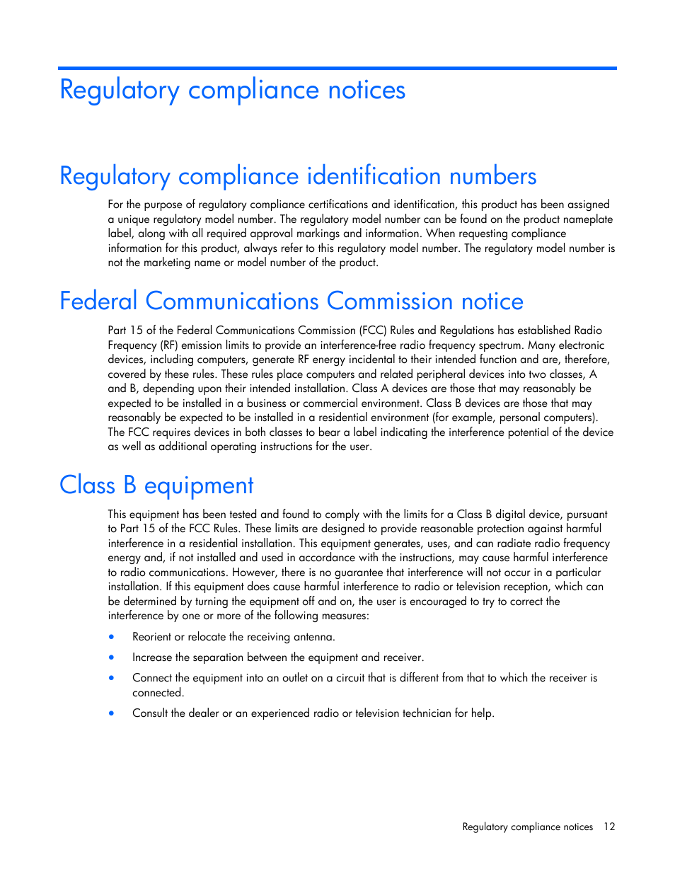 Regulatory compliance notices, Regulatory compliance identification numbers, Federal communications commission notice | Class b equipment | HP NC375T PCI Express Quad Port Gigabit Server Adapter User Manual | Page 12 / 19