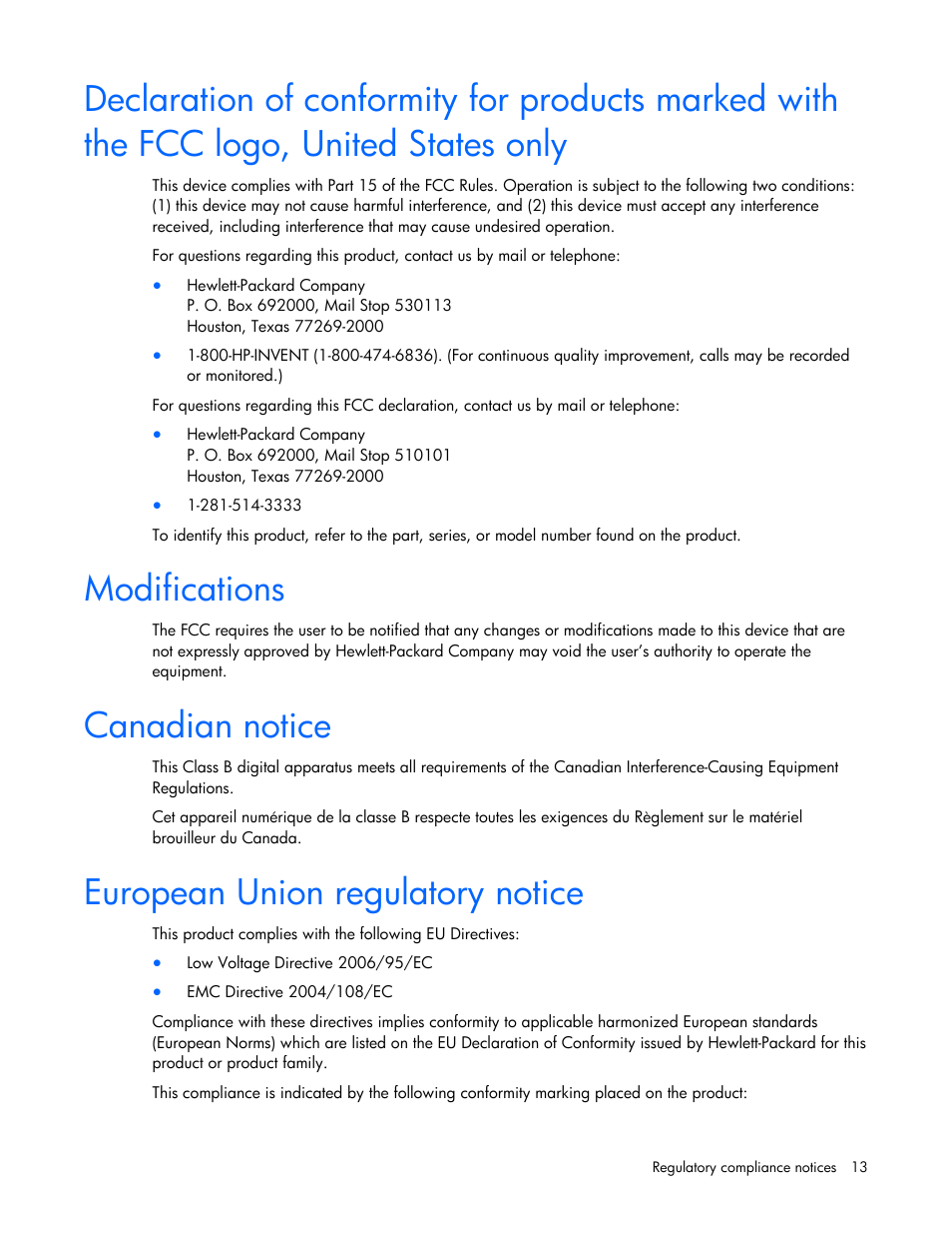 Modifications, Canadian notice, European union regulatory notice | HP NC375T PCI Express Quad Port Gigabit Server Adapter User Manual | Page 13 / 19