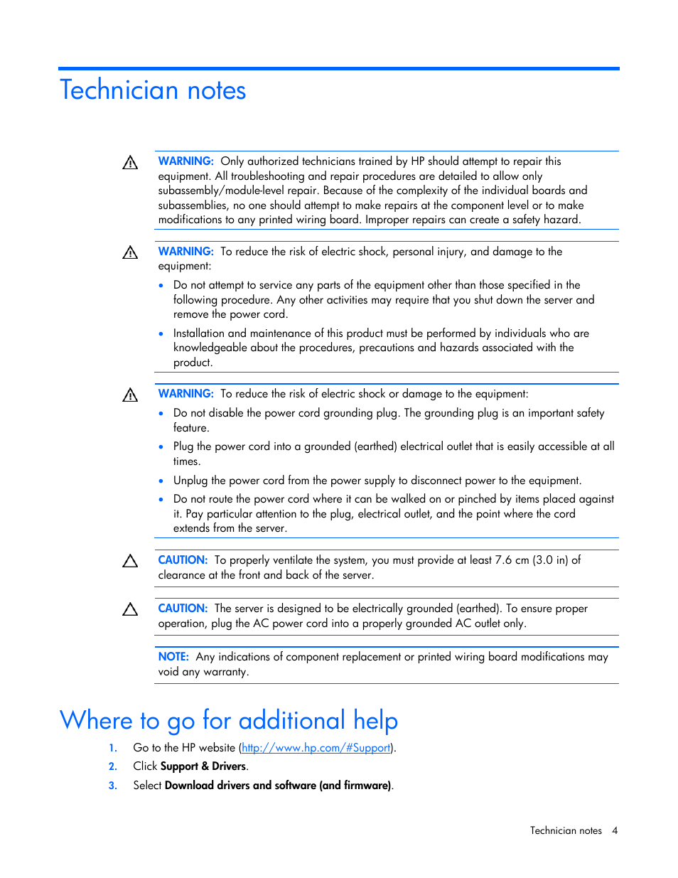 Technician notes, Where to go for additional help | HP NC375T PCI Express Quad Port Gigabit Server Adapter User Manual | Page 4 / 19
