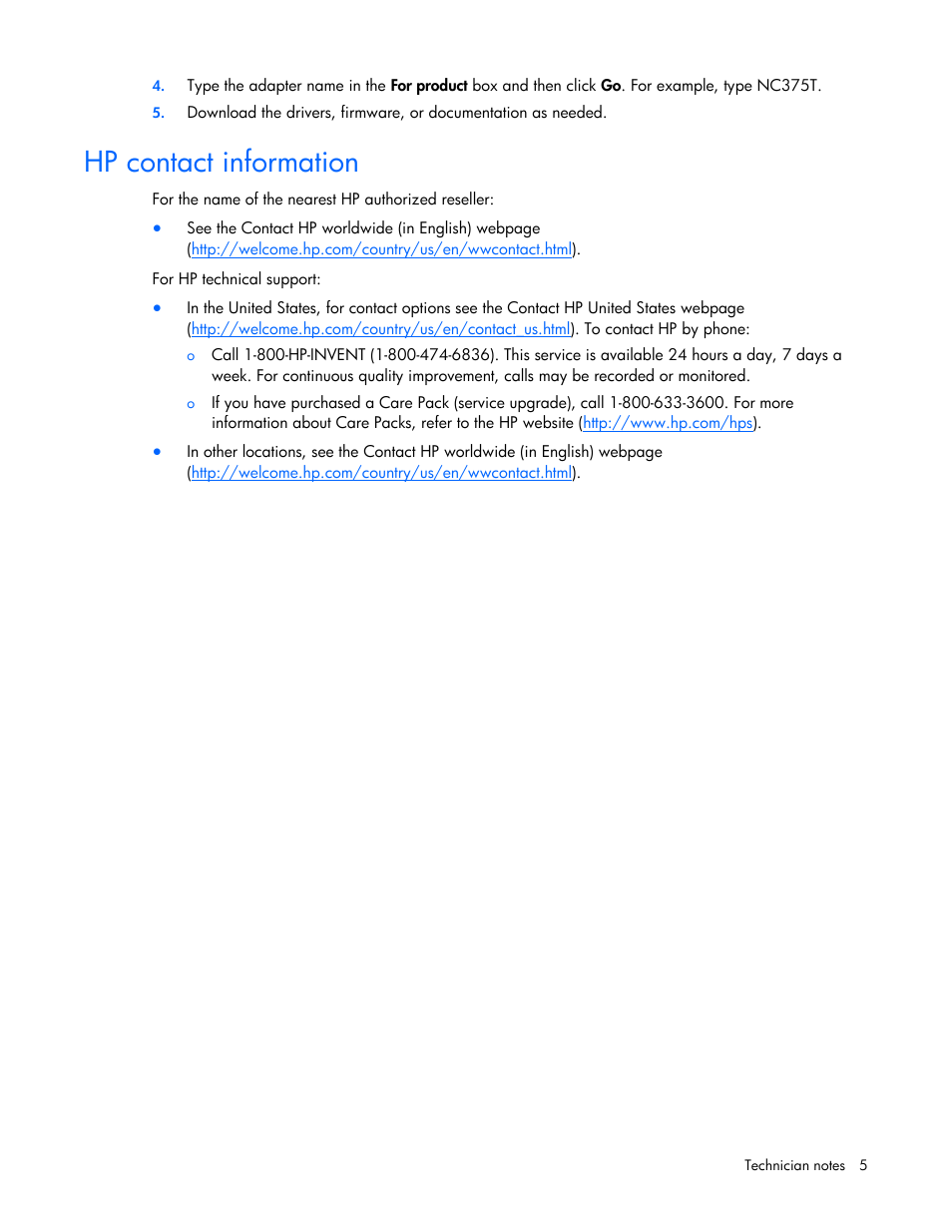 Hp contact information | HP NC375T PCI Express Quad Port Gigabit Server Adapter User Manual | Page 5 / 19