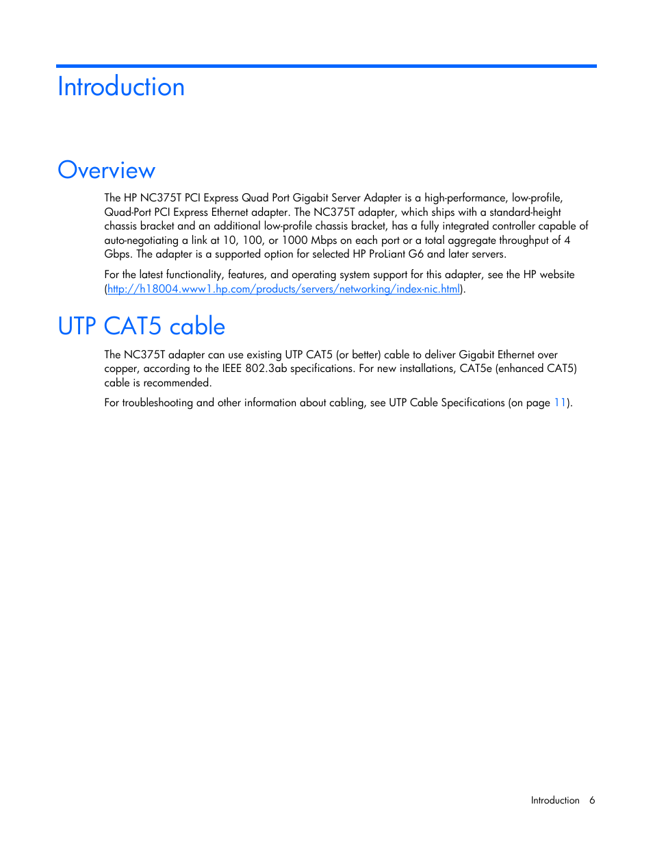 Introduction, Overview, Utp cat5 cable | HP NC375T PCI Express Quad Port Gigabit Server Adapter User Manual | Page 6 / 19