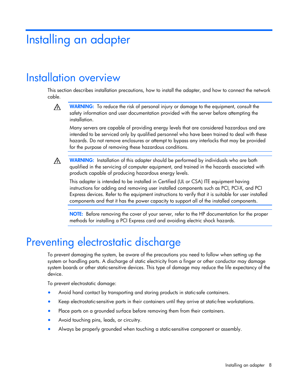 Installing an adapter, Installation overview, Preventing electrostatic discharge | HP NC375T PCI Express Quad Port Gigabit Server Adapter User Manual | Page 8 / 19