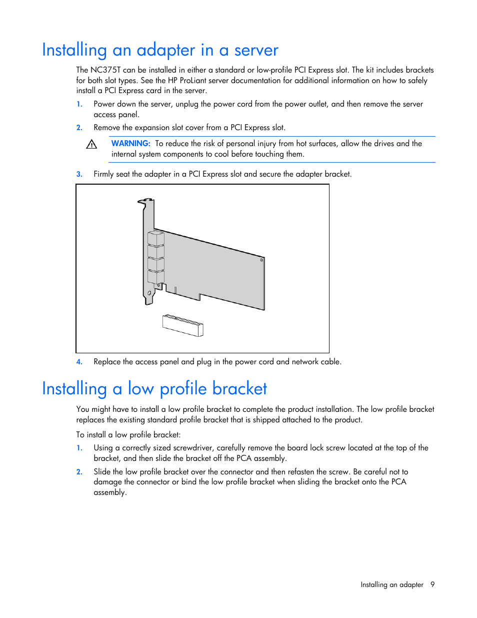 Installing an adapter in a server, Installing a low profile bracket | HP NC375T PCI Express Quad Port Gigabit Server Adapter User Manual | Page 9 / 19