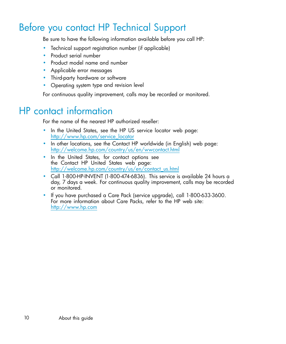 Before you contact hp technical support, Hp contact information | HP Brocade 4Gb SAN Switch for HP BladeSystem c-Class User Manual | Page 10 / 88