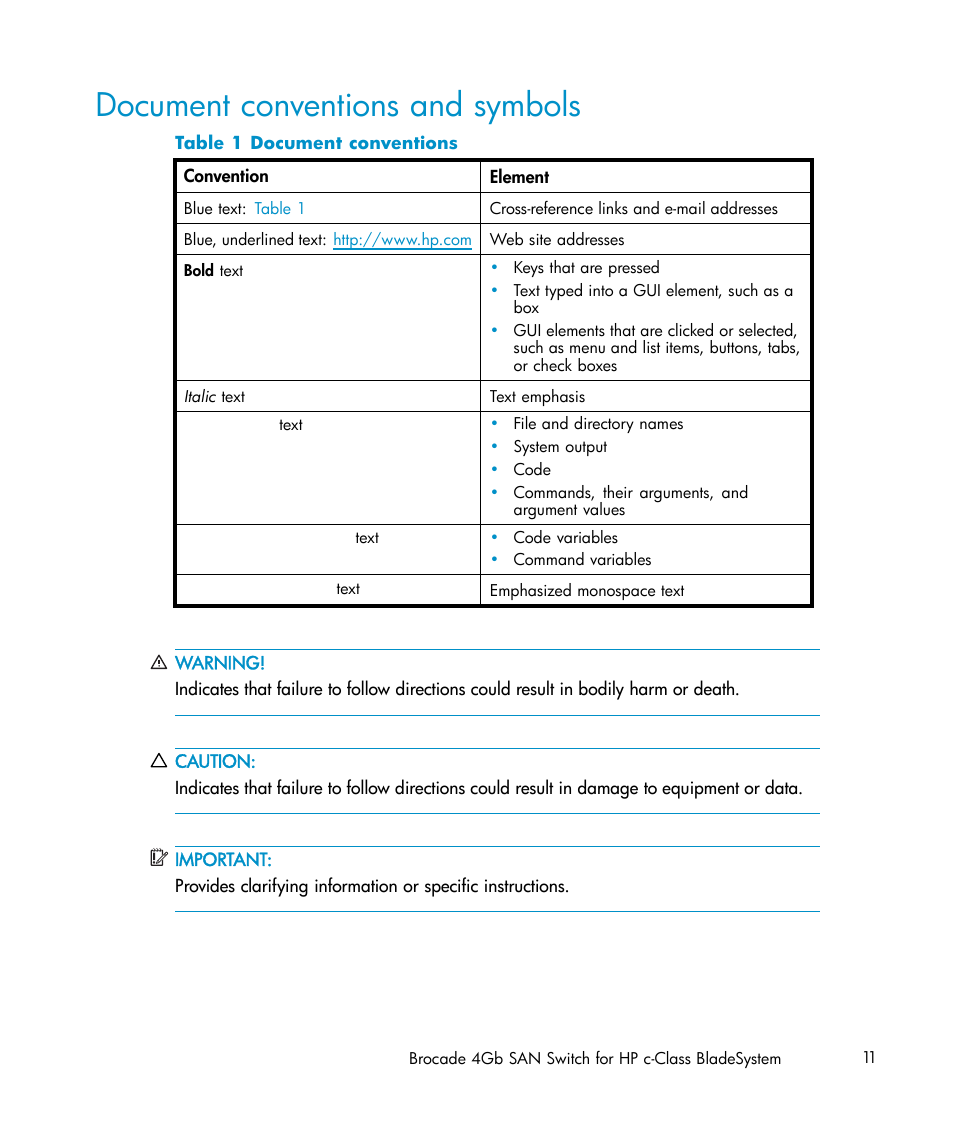 Document conventions and symbols, Document conventions | HP Brocade 4Gb SAN Switch for HP BladeSystem c-Class User Manual | Page 11 / 88