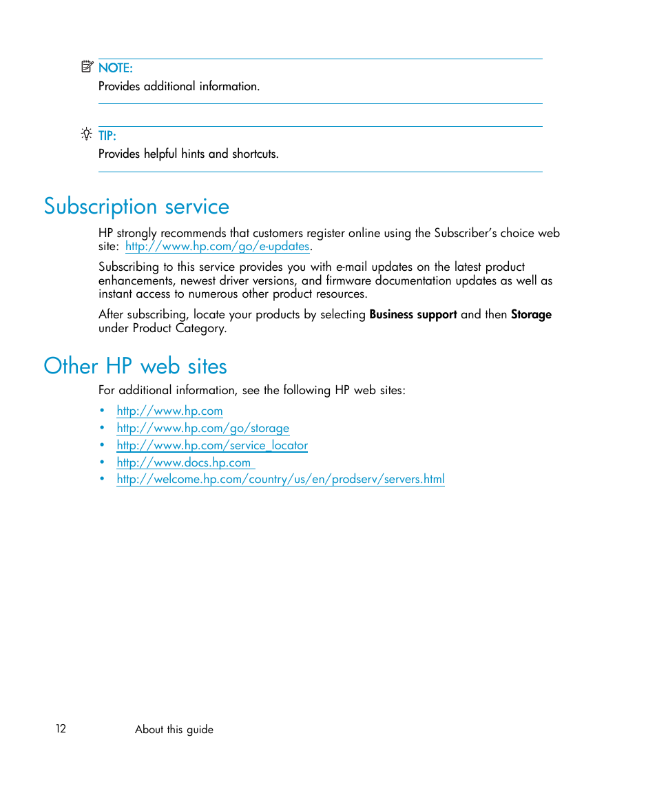 Subscription service, Other hp web sites | HP Brocade 4Gb SAN Switch for HP BladeSystem c-Class User Manual | Page 12 / 88