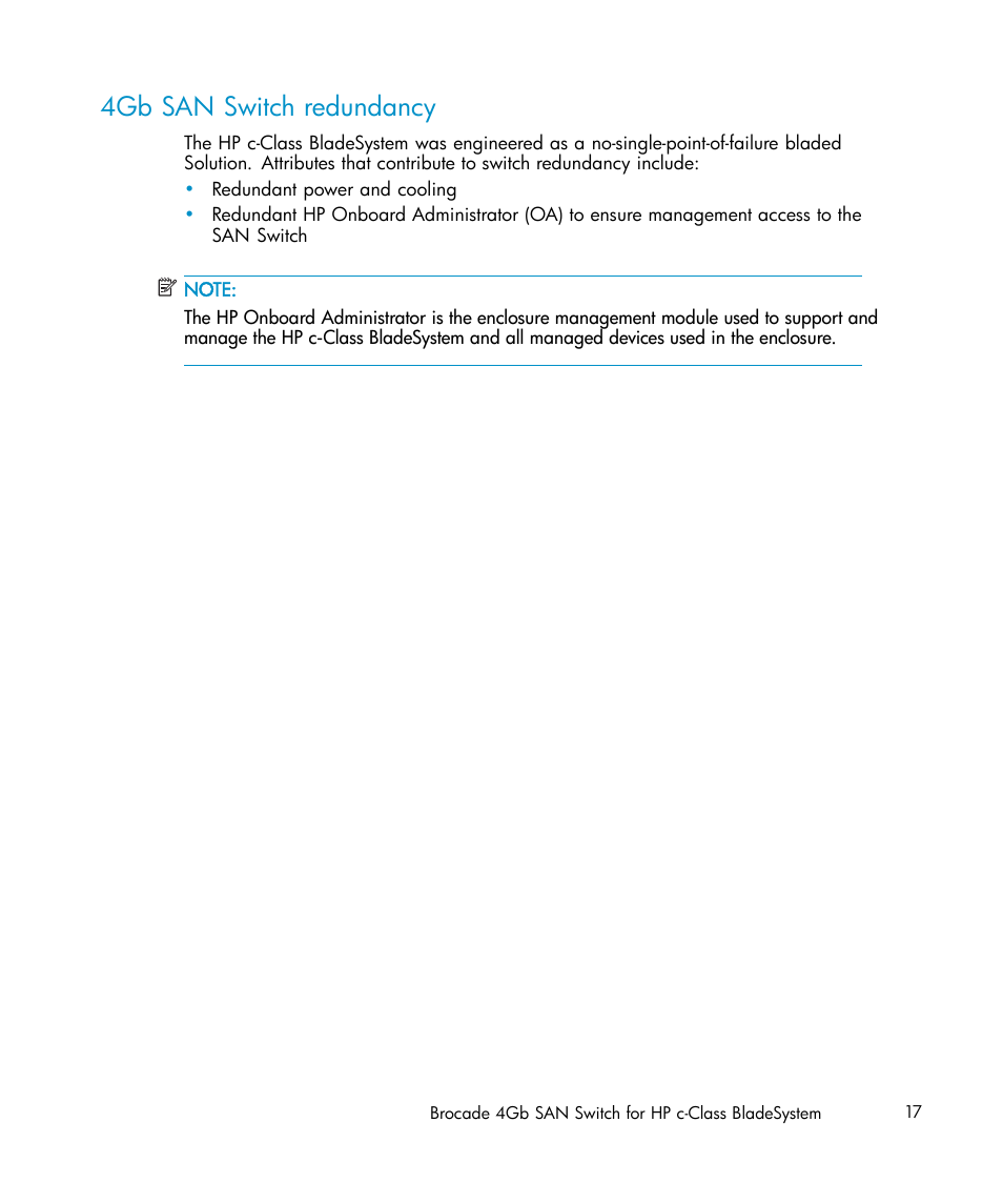 4gb san switch redundancy | HP Brocade 4Gb SAN Switch for HP BladeSystem c-Class User Manual | Page 17 / 88