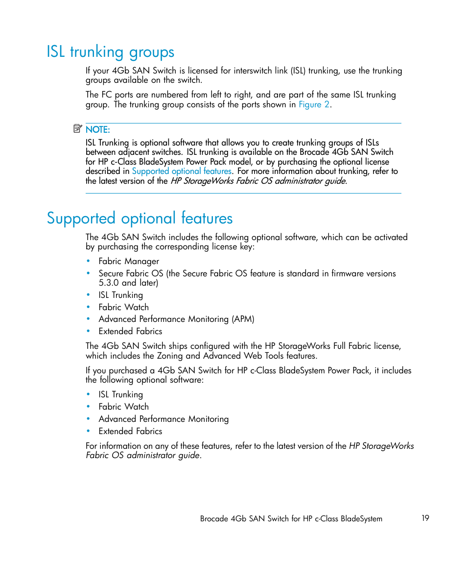 Isl trunking groups, Supported optional features | HP Brocade 4Gb SAN Switch for HP BladeSystem c-Class User Manual | Page 19 / 88