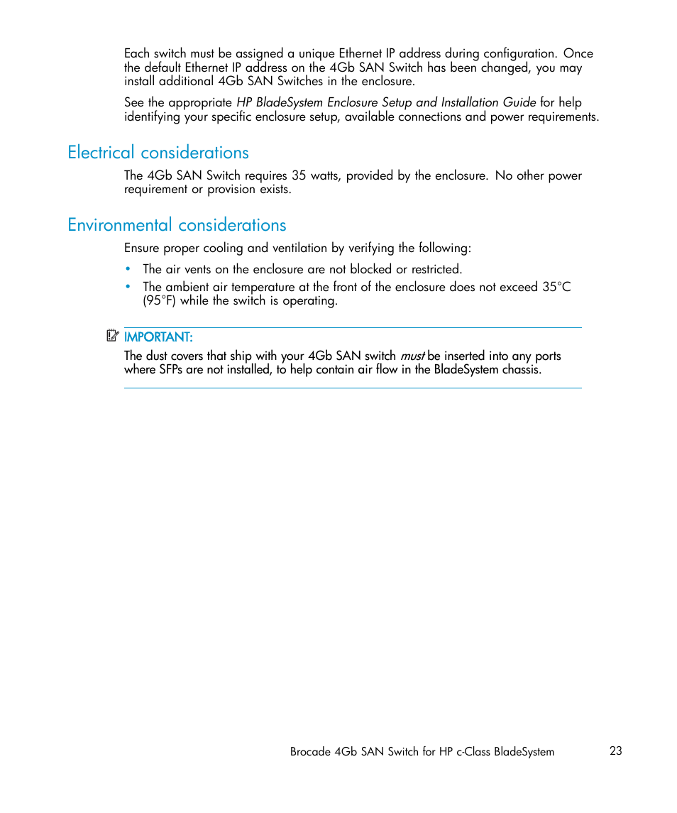 Electrical considerations, Environmental considerations | HP Brocade 4Gb SAN Switch for HP BladeSystem c-Class User Manual | Page 23 / 88