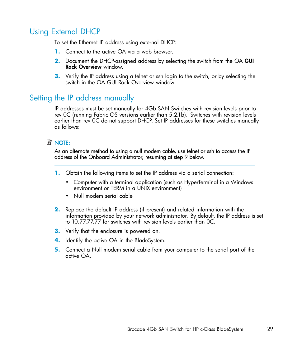 Using external dhcp, Setting the ip address manually | HP Brocade 4Gb SAN Switch for HP BladeSystem c-Class User Manual | Page 29 / 88