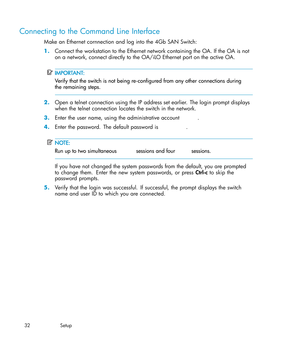 Connecting to the command line interface | HP Brocade 4Gb SAN Switch for HP BladeSystem c-Class User Manual | Page 32 / 88