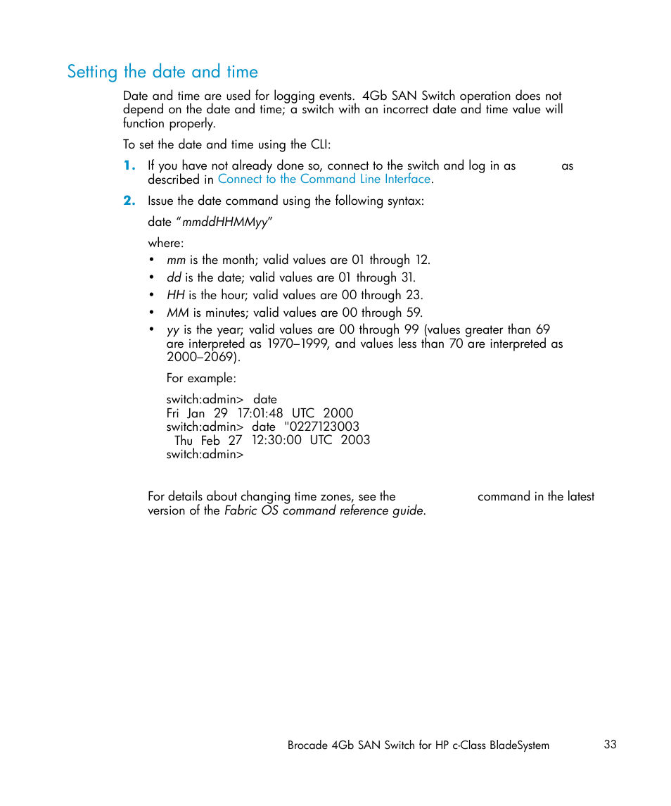 Setting the date and time | HP Brocade 4Gb SAN Switch for HP BladeSystem c-Class User Manual | Page 33 / 88