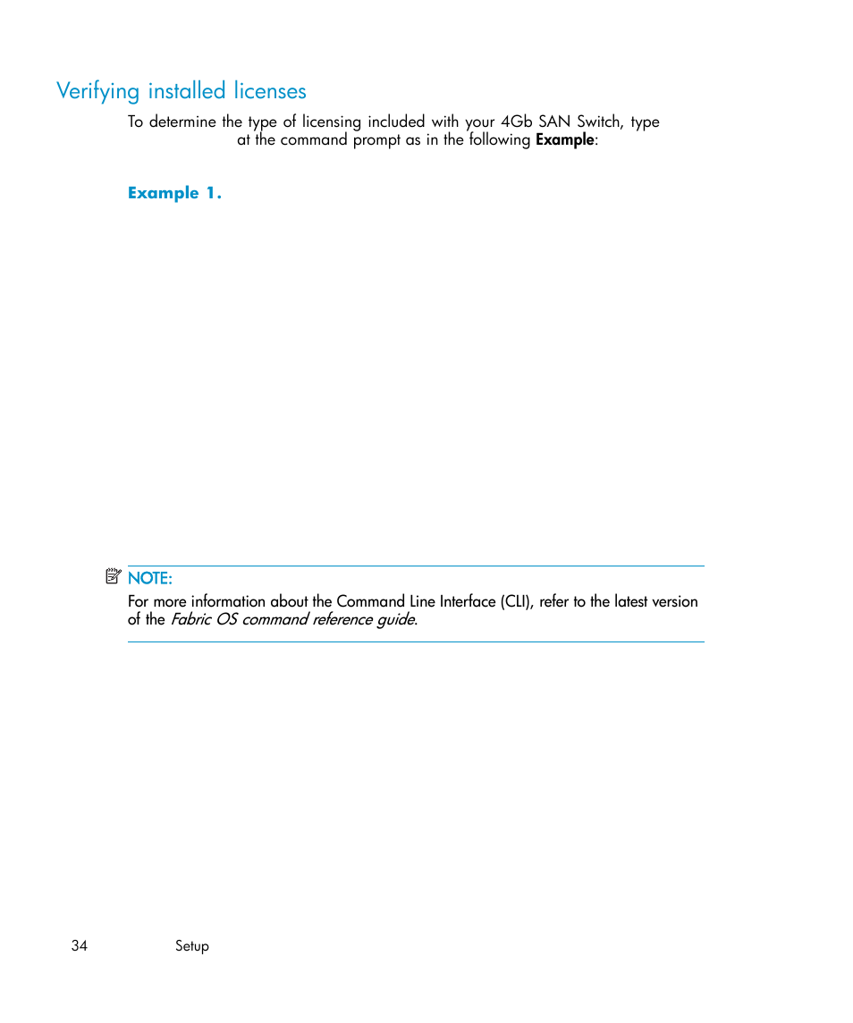 Verifying installed licenses | HP Brocade 4Gb SAN Switch for HP BladeSystem c-Class User Manual | Page 34 / 88