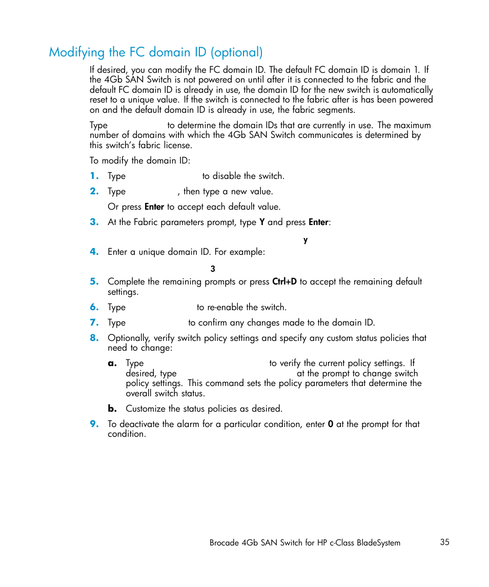 Modifying the fc domain id (optional) | HP Brocade 4Gb SAN Switch for HP BladeSystem c-Class User Manual | Page 35 / 88