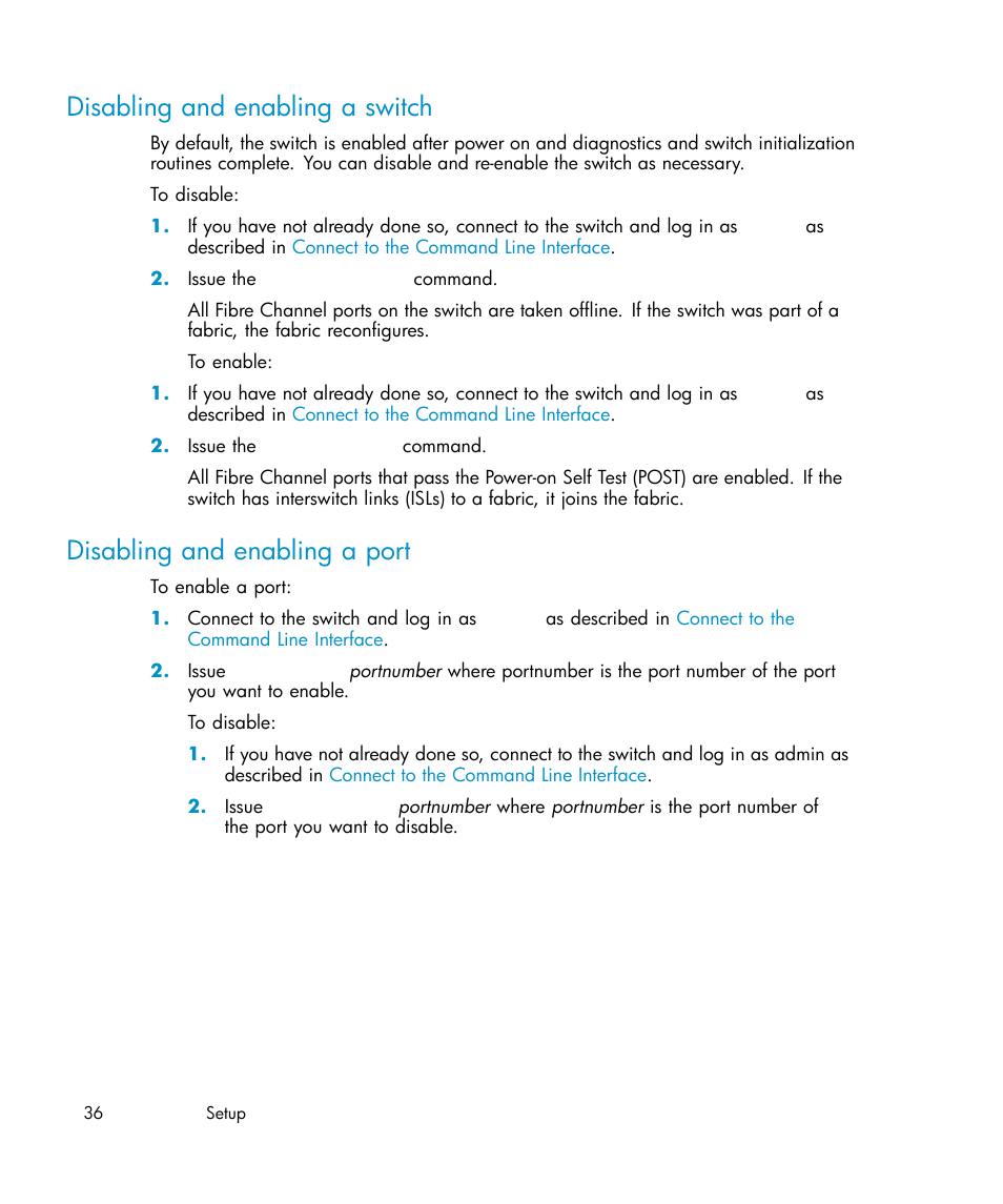 Disabling and enabling a switch, Disabling and enabling a port | HP Brocade 4Gb SAN Switch for HP BladeSystem c-Class User Manual | Page 36 / 88