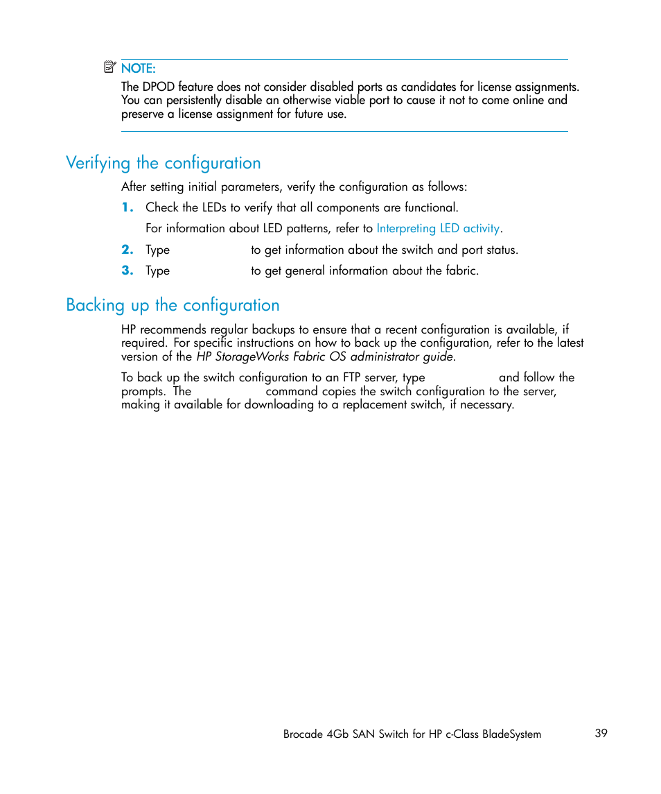 Verifying the configuration, Backing up the configuration | HP Brocade 4Gb SAN Switch for HP BladeSystem c-Class User Manual | Page 39 / 88
