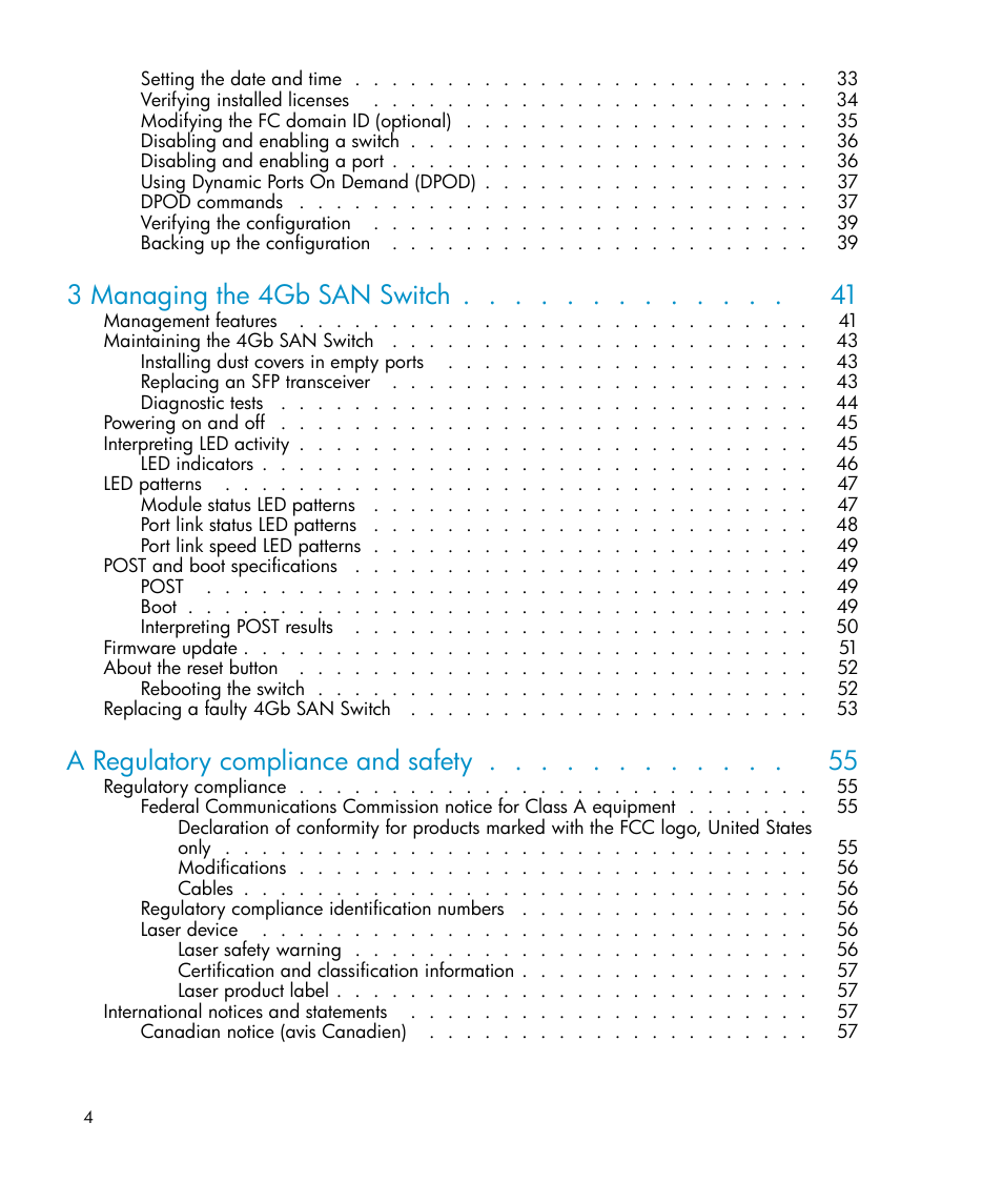 3 managing the 4gb san switch, A regulatory compliance and safety | HP Brocade 4Gb SAN Switch for HP BladeSystem c-Class User Manual | Page 4 / 88