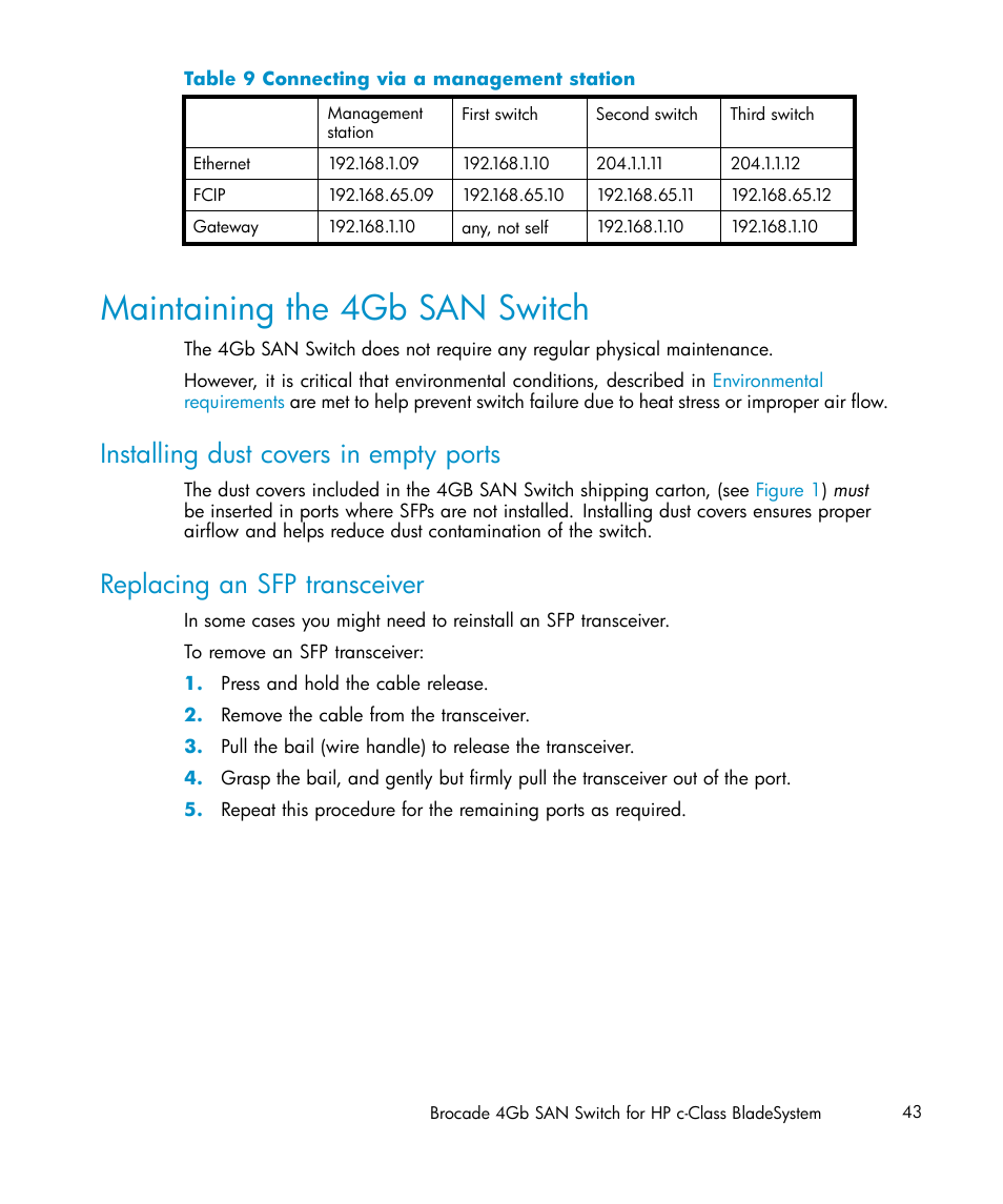 Maintaining the 4gb san switch, Installing dust covers in empty ports, Replacing an sfp transceiver | Connecting via a management station | HP Brocade 4Gb SAN Switch for HP BladeSystem c-Class User Manual | Page 43 / 88