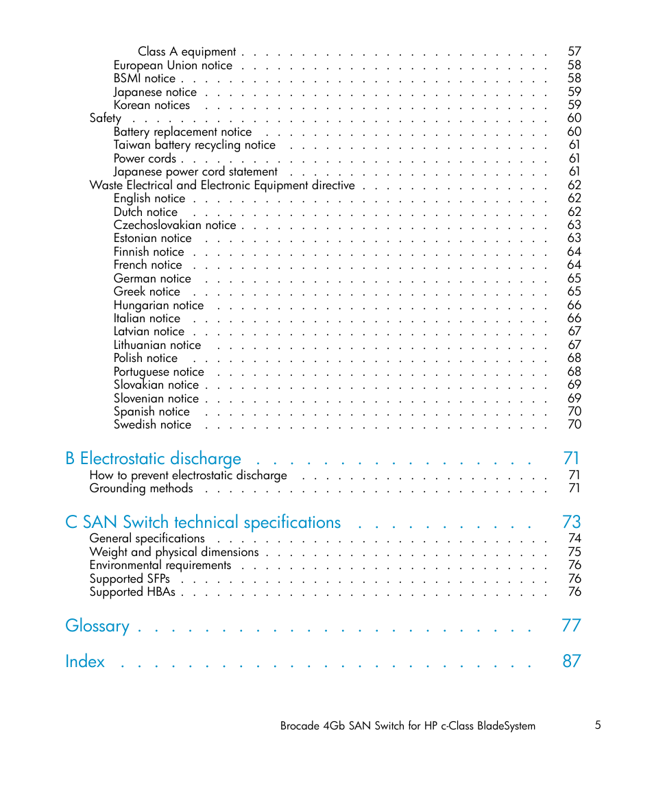 B electrostatic discharge, C san switch technical specifications, Glossary index | HP Brocade 4Gb SAN Switch for HP BladeSystem c-Class User Manual | Page 5 / 88