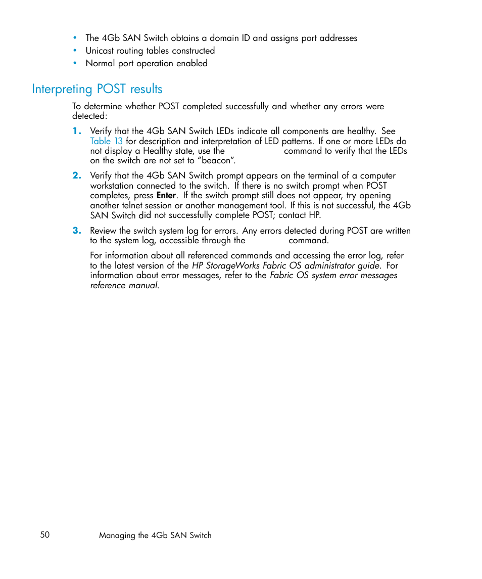 Interpreting post results | HP Brocade 4Gb SAN Switch for HP BladeSystem c-Class User Manual | Page 50 / 88