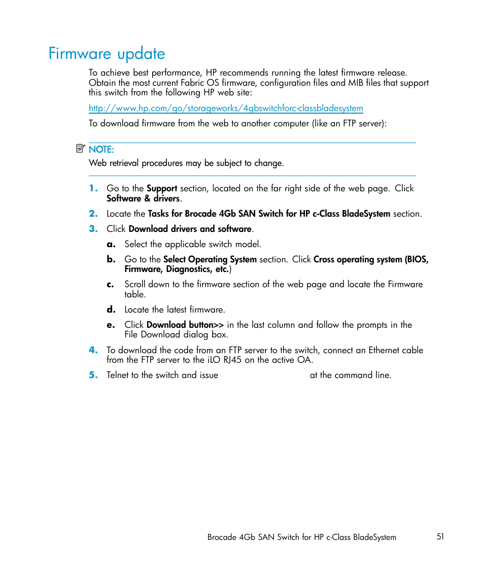 Firmware update | HP Brocade 4Gb SAN Switch for HP BladeSystem c-Class User Manual | Page 51 / 88