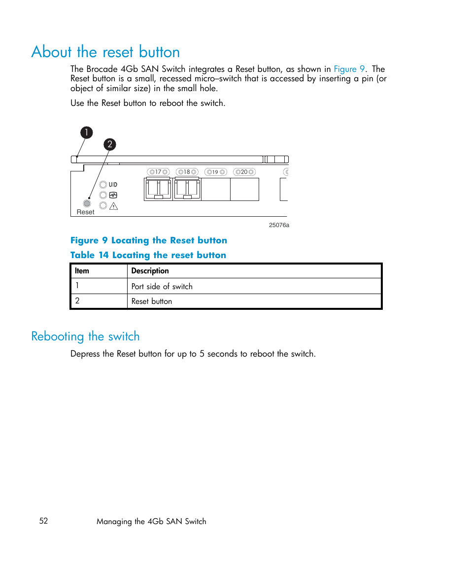 About the reset button, Rebooting the switch, Locating the reset button | HP Brocade 4Gb SAN Switch for HP BladeSystem c-Class User Manual | Page 52 / 88