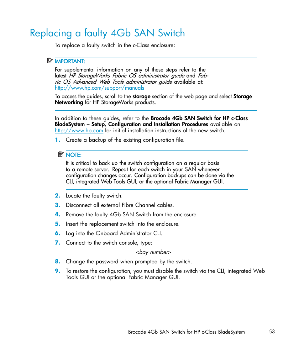 Replacing a faulty 4gb san switch | HP Brocade 4Gb SAN Switch for HP BladeSystem c-Class User Manual | Page 53 / 88