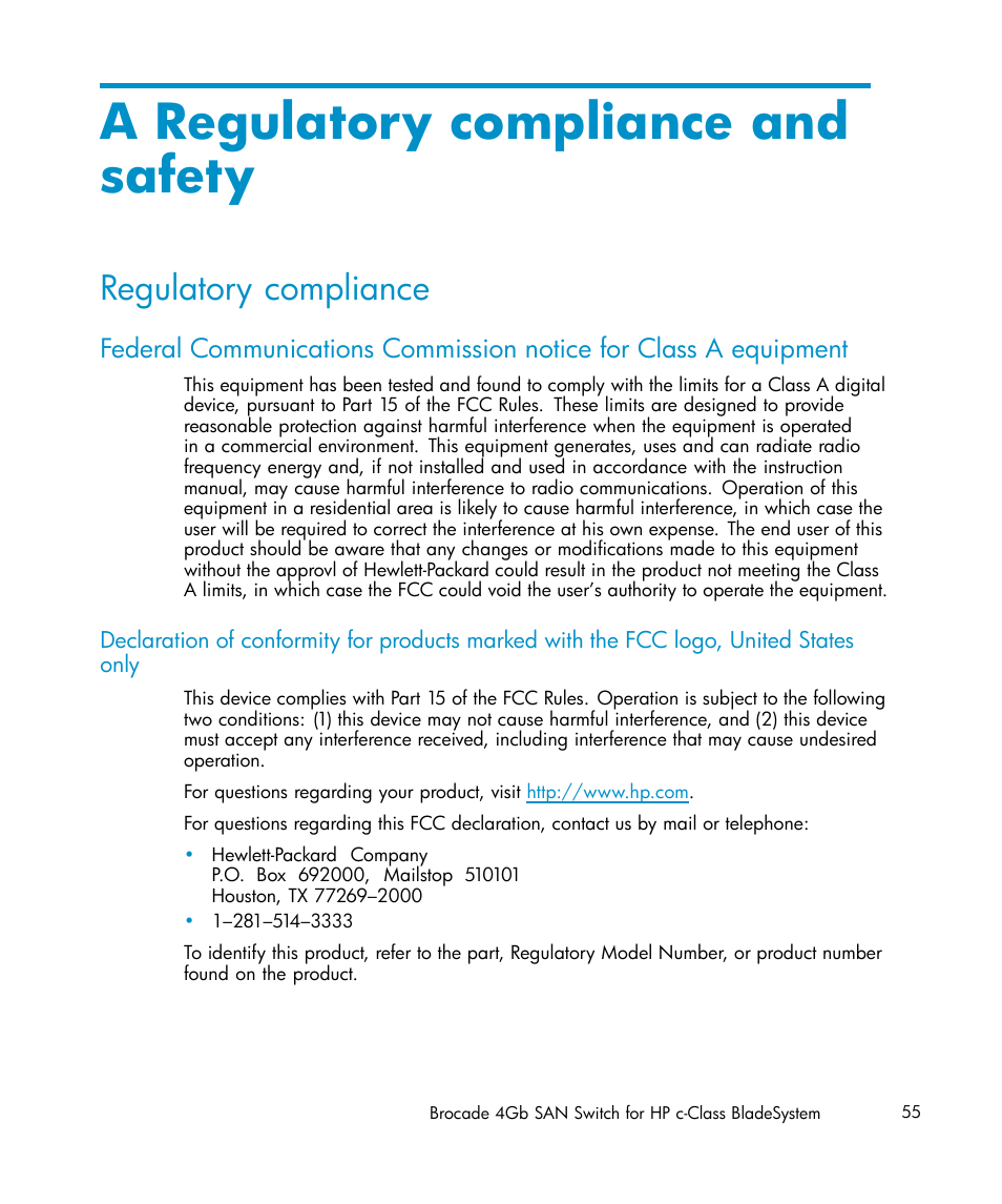 Regulatory compliance andsafety, A regulatory compliance and safety, Regulatory compliance | Only | HP Brocade 4Gb SAN Switch for HP BladeSystem c-Class User Manual | Page 55 / 88