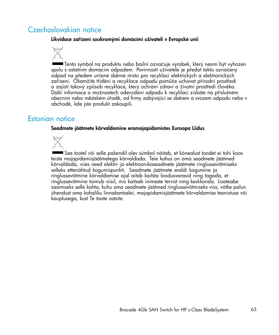 Czechoslovakian notice, Estonian notice | HP Brocade 4Gb SAN Switch for HP BladeSystem c-Class User Manual | Page 63 / 88