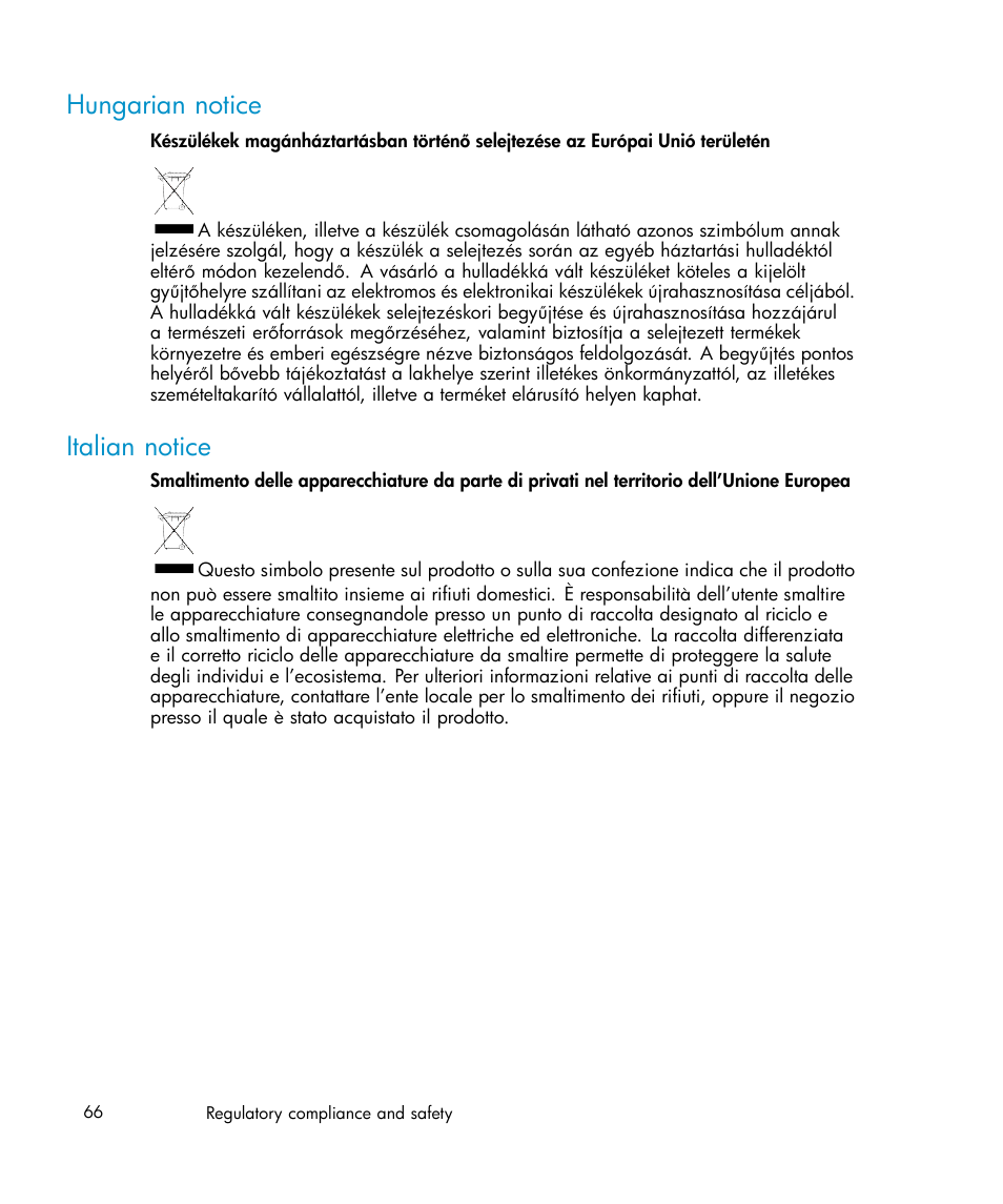 Hungarian notice, Italian notice | HP Brocade 4Gb SAN Switch for HP BladeSystem c-Class User Manual | Page 66 / 88