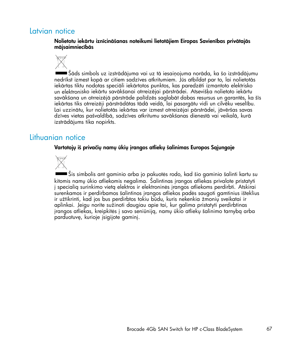 Latvian notice, Lithuanian notice | HP Brocade 4Gb SAN Switch for HP BladeSystem c-Class User Manual | Page 67 / 88