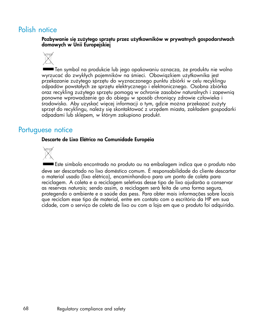 Polish notice, Portuguese notice | HP Brocade 4Gb SAN Switch for HP BladeSystem c-Class User Manual | Page 68 / 88