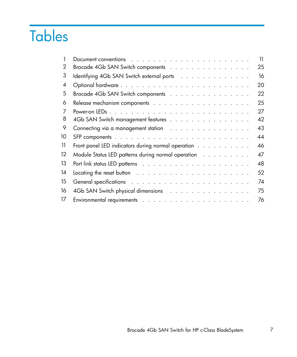 Tables | HP Brocade 4Gb SAN Switch for HP BladeSystem c-Class User Manual | Page 7 / 88