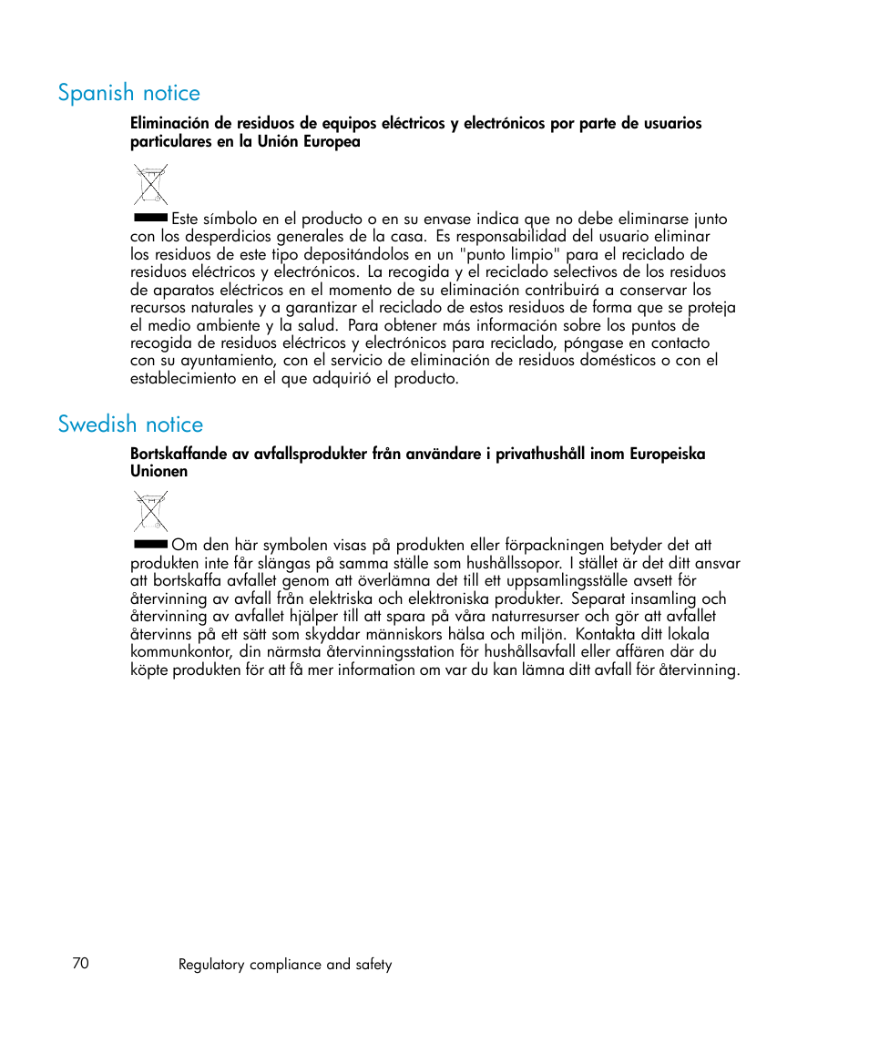 Spanish notice, Swedish notice | HP Brocade 4Gb SAN Switch for HP BladeSystem c-Class User Manual | Page 70 / 88