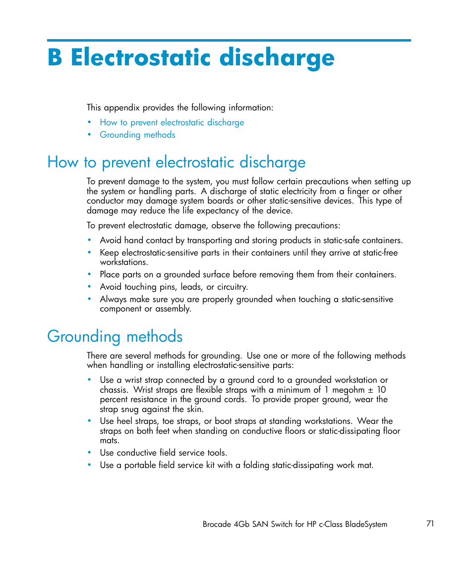 Electrostatic discharge, B electrostatic discharge, How to prevent electrostatic discharge | Grounding methods | HP Brocade 4Gb SAN Switch for HP BladeSystem c-Class User Manual | Page 71 / 88