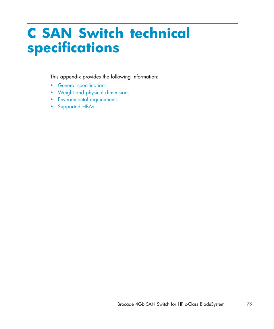 San switch technicalspecifications, C san switch technical specifications | HP Brocade 4Gb SAN Switch for HP BladeSystem c-Class User Manual | Page 73 / 88