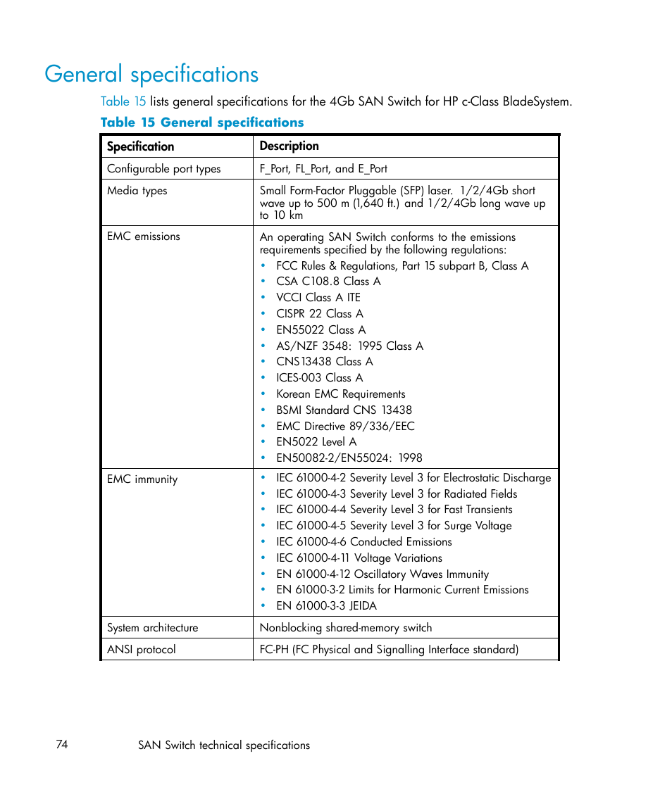 General specifications | HP Brocade 4Gb SAN Switch for HP BladeSystem c-Class User Manual | Page 74 / 88