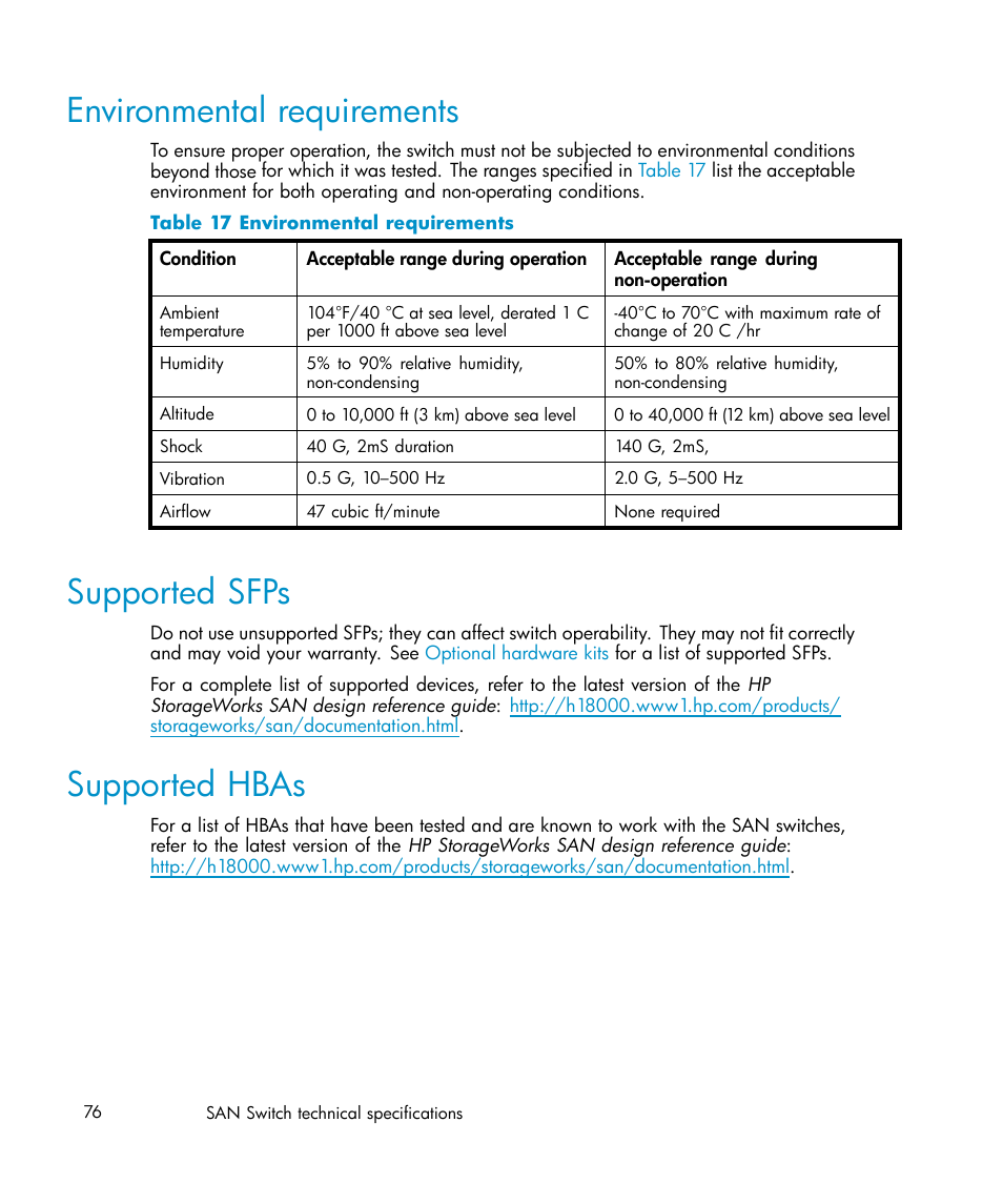 Environmental requirements, Supported sfps, Supported hbas | Environmental, Requirements | HP Brocade 4Gb SAN Switch for HP BladeSystem c-Class User Manual | Page 76 / 88