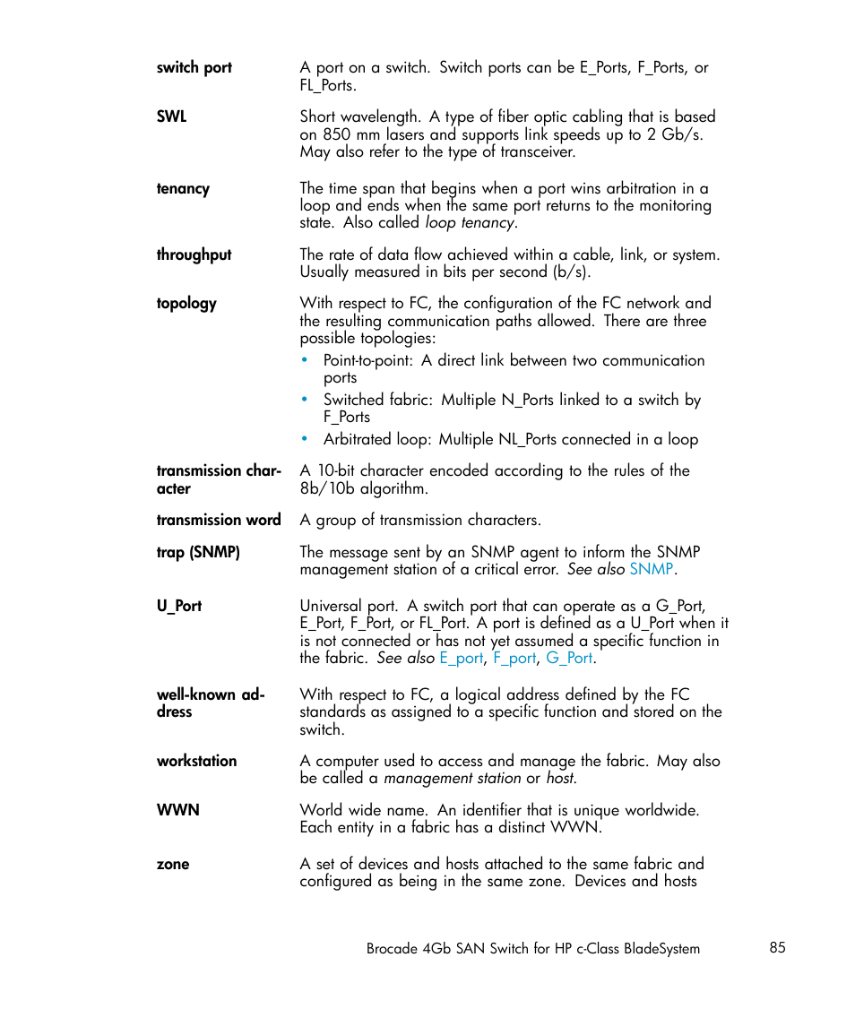 Topology, Zone, U_port | Trap (snmp) | HP Brocade 4Gb SAN Switch for HP BladeSystem c-Class User Manual | Page 85 / 88