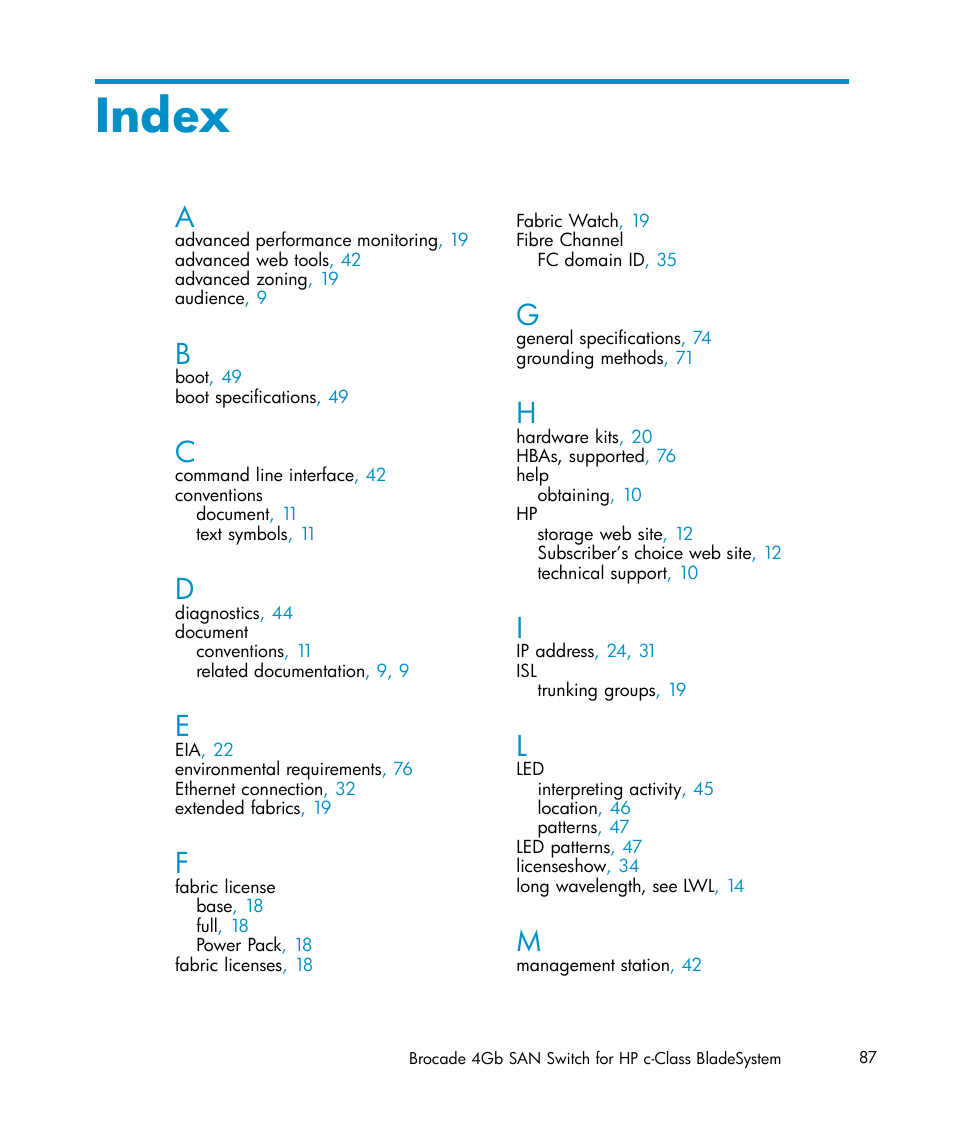 Index | HP Brocade 4Gb SAN Switch for HP BladeSystem c-Class User Manual | Page 87 / 88