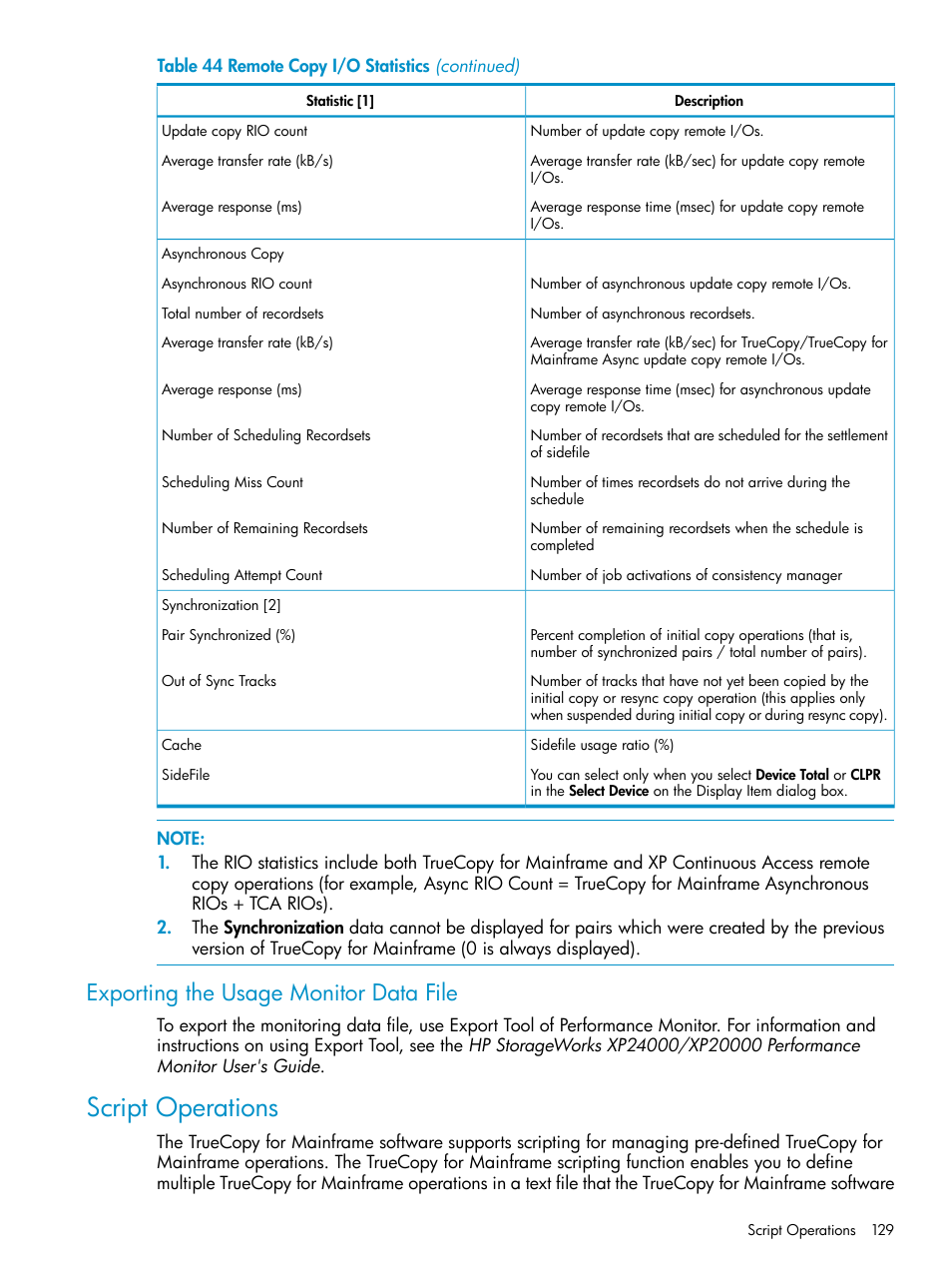 Exporting the usage monitor data file, Script operations | HP StorageWorks XP Remote Web Console Software User Manual | Page 129 / 263