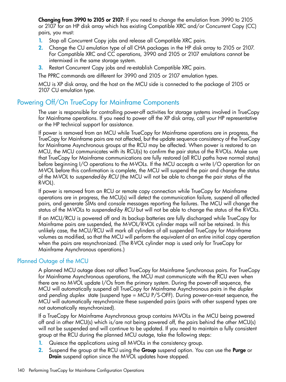 Powering off/on truecopy for mainframe components, Planned outage of the mcu | HP StorageWorks XP Remote Web Console Software User Manual | Page 140 / 263